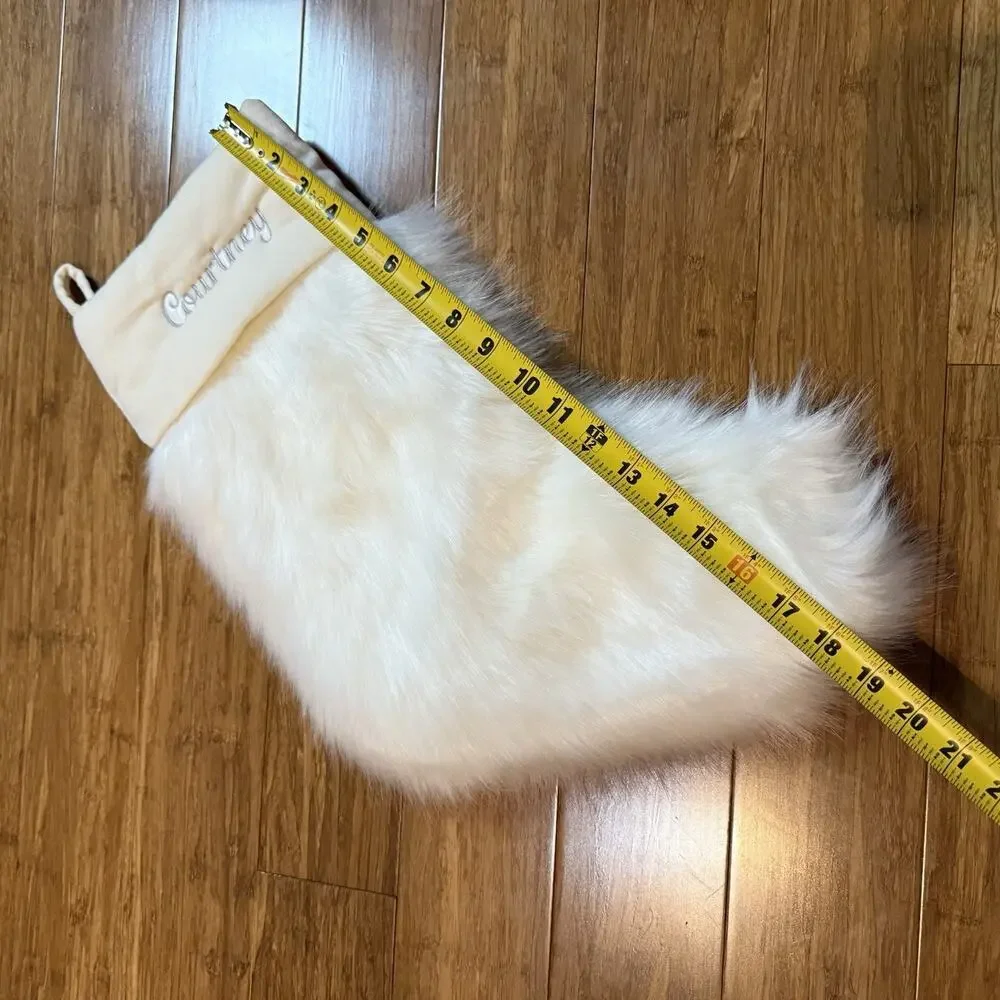 Pottery Barn Faux Fur Fox Ivory Velvet Christmas Stocking Embroidered Courtney - Picture 4 of 9